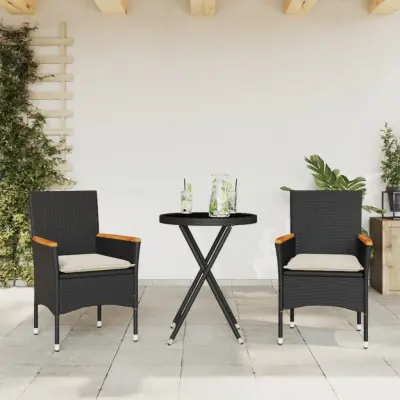 The Living Store Bistro garnitura 3-delna z blazinami črn poli ratan in steklo - Bistro Garnitura