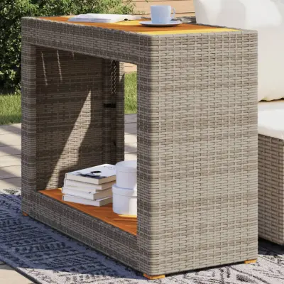 The Living Store Vrtna miza z leseno mizno ploščo siva 100x40x75 cm poli ratan - Vrtna Stranska Mizica