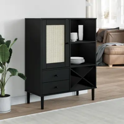 The Living Store Komoda SENJA videz ratana črna 90x40x112 cm trdna borovina - Komoda
