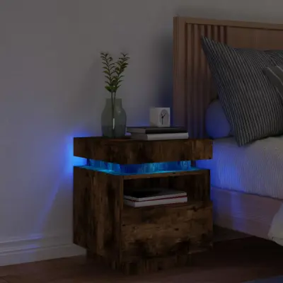 The Living Store Nočna omarica z LED lučkami dimljeni hrast 40x39x48,5 cm - Nočna Omarica