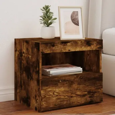 The Living Store Nočna omarica z LED lučkami dimljeni hrast 50x40x45 cm - Nočna Omarica