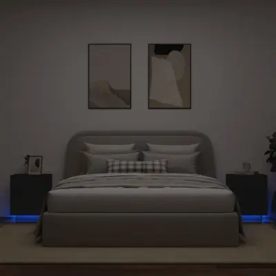 The Living Store Nočna omarica z LED lučkami 2 kosa črn inženirski les - Nočna Omarica