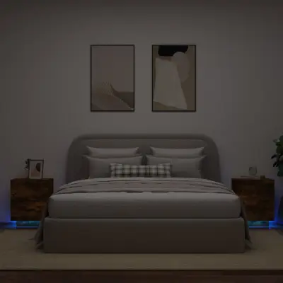 The Living Store Nočna omarica z LED lučkami 2 kosa dimljen hrast inženirski les - Nočna Omarica