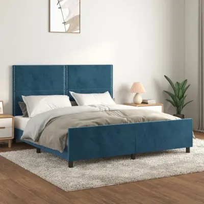 The Living Store Posteljni okvir z vzglavjem temno moder 160x200 cm žamet - Posteljni Okvir Z Vzglavjem
