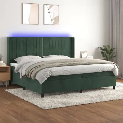The Living Store Box spring postelja z vzmetnico LED tem. zelena 200x200cm žamet - Box Spring Postelja