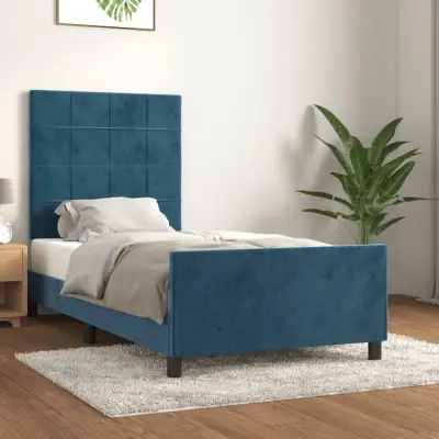 The Living Store Posteljni okvir z vzglavjem temno moder 80x200 cm žamet - Posteljni Okvir Z Vzglavjem