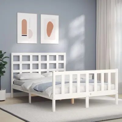 The Living Store Posteljni okvir z vzglavjem bel trden les - Posteljni Okvir
