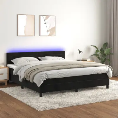 The Living Store Box spring postelja z vzmetnico LED črna 160x200 cm žamet - Box Spring Postelja