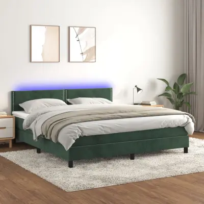 The Living Store Box spring postelja z vzmetnico LED tem. zelena 160x200cm žamet - Box Spring Postelja