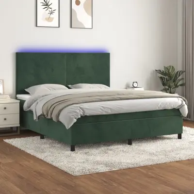 The Living Store Box spring postelja z vzmetnico LED tem. zelena 180x200cm žamet - Box Spring Postelja