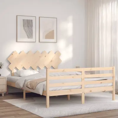 The Living Store Posteljni okvir z vzglavjem 140x190 cm trden les - Posteljni Okvir