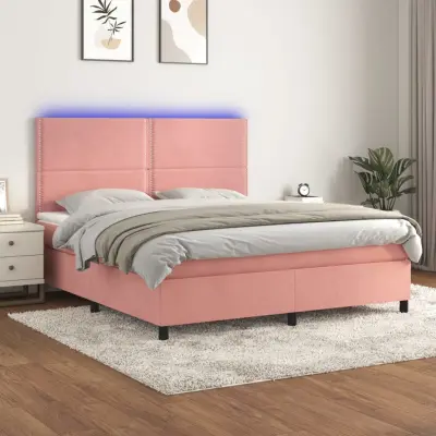 The Living Store Box spring postelja z vzmetnico LED roza 160x200 cm žamet - Box Spring Postelja