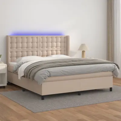 The Living Store Box spring postelja vzmetnico LED kapučino 180x200 cm um. usnje - Box Spring Postelja