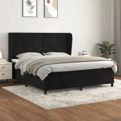 The Living Store Box spring postelja z vzmetnico črna 160x200 cm žamet - Box Spring Postelja
