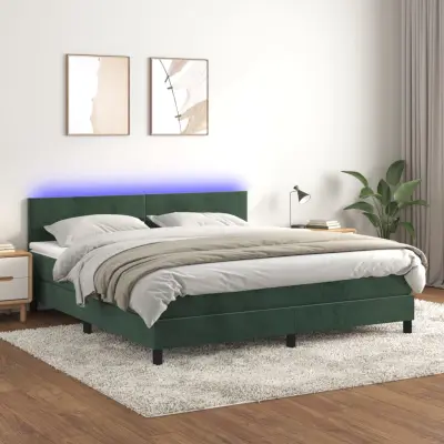 The Living Store Box spring postelja z vzmetnico LED tem. zelena 180x200cm žamet - Box Spring Postelja