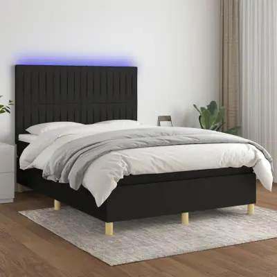 The Living Store Box spring postelja z vzmetnico LED črna 140x190 cm blago - Box Spring Postelja