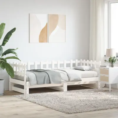 The Living Store Izvlečna dnevna postelja bela 2x(90x190) cm trdna borovina - Dnevna Postelja