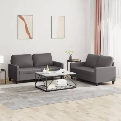 The Living Store Sedežna garnitura 2-delna z blazinami sivo umetno usnje - Sedežna Garnitura