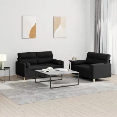 The Living Store Sedežna garnitura z vzglavniki 2-delna črno blago - Sedežna Garnitura