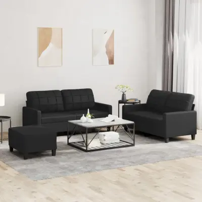 The Living Store Sedežna garnitura 3-delna z blazinami črno umetno usnje - Sedežna Garnitura