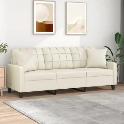 The Living Store Kavč trosed z okrasnimi blazinami krem 180 cm umetno usnje - Kavč Trosed