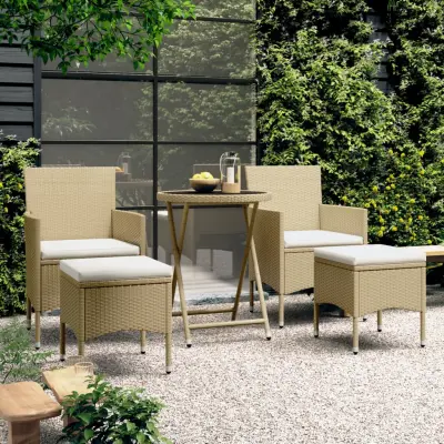 The Living Store Vrtna bistro garnitura 5-delna poli ratan in kaljeno steklo bež - Vrtna Bistro Garnitura