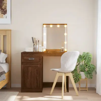 The Living Store Toaletna mizica z LED lučkami rjavi hrast 90x42x132,5 cm - Toaletna Mizica