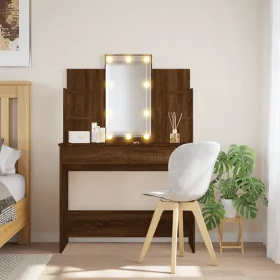 The Living Store Toaletna mizica z LED lučkami rjavi hrast 96x40x142 cm - Toaletna Mizica