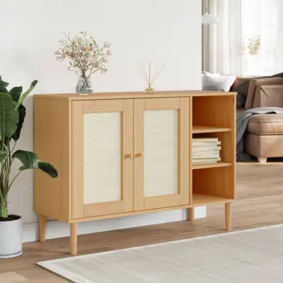 The Living Store Komoda SENJA videz ratana rjava 112x40x80 cm trdna borovina - Komoda