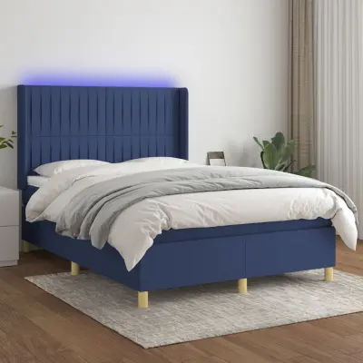 The Living Store Box spring postelja z vzmetnico LED modra 140x190 cm blago - Box Spring Postelja