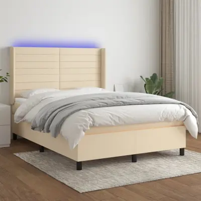 The Living Store Box spring postelja z vzmetnico LED krem 140x190 cm blago - Box Spring Postelja