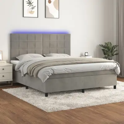 The Living Store Box spring postelja z vzmetnico LED svetlo siva 160x200cm žamet - Box Spring Postelja