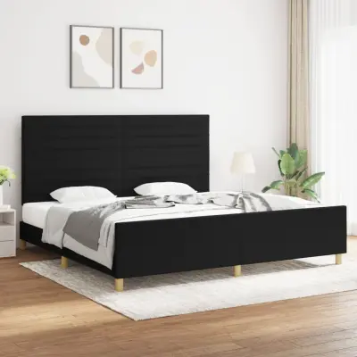 The Living Store Posteljni okvir z vzglavjem črn 200x200 cm blago - Posteljni Okvir Z Vzglavjem