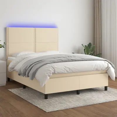 The Living Store Box spring postelja z vzmetnico LED krem 140x190 cm blago - Box Spring Postelja
