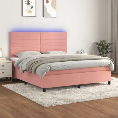 The Living Store Box spring postelja z vzmetnico LED roza 180x200 cm žamet - Box Spring Postelja