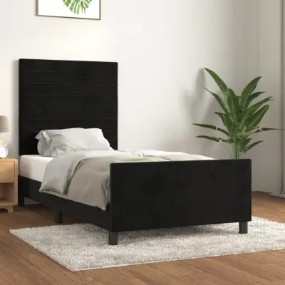 The Living Store Posteljni okvir z vzglavjem črn 100x200 cm žamet - Posteljni Okvir Z Vzglavjem
