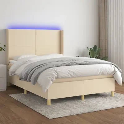The Living Store Box spring postelja z vzmetnico LED krem 140x190 cm blago - Box Spring Postelja