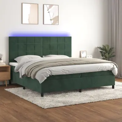 The Living Store Box spring postelja z vzmetnico LED tem. zelena 200x200cm žamet - Box Spring Postelja