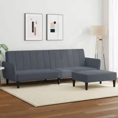 The Living Store Kavč dvosed z ležiščem in stolčkom za noge temno siv žamet - Kavč Z Ležiščem