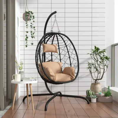 The Living Store Viseči stol jajček z blazino taupe poli ratan in jeklo - Viseči Stol Jajček