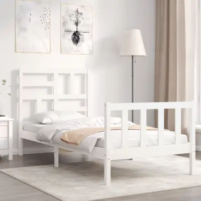 The Living Store Posteljni okvir z vzglavjem bel trden les - Posteljni Okvir