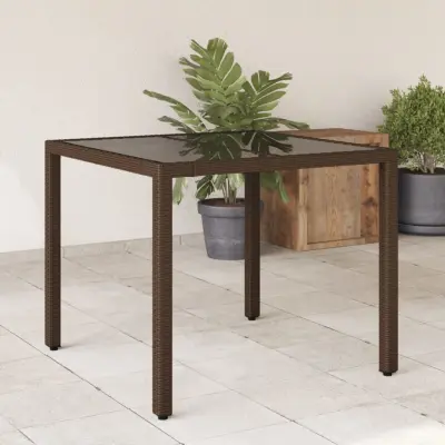 The Living Store Vrtna miza s stekleno ploščo rjava 90x90x75 cm poli ratan - Vrtna Miza