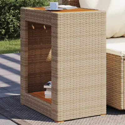The Living Store Vrtna miza z leseno mizno ploščo bež 60x40x75 cm poli ratan - Vrtna Stranska Mizica