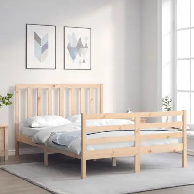 The Living Store Posteljni okvir z vzglavjem 140x190 cm trden les - Posteljni Okvir