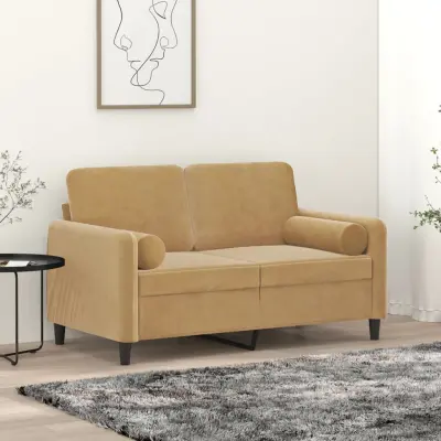 The Living Store Kavč dvosed z okrasnimi blazinami rjav 120 cm žamet - Dvosed
