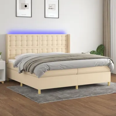 The Living Store Box spring postelja z vzmetnico LED krem 200x200 cm blago - Box Spring Postelja