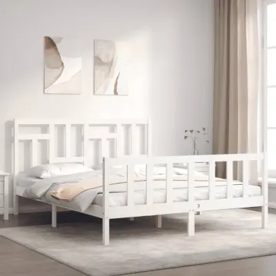 The Living Store Posteljni okvir z vzglavjem bel trden les - Posteljni Okvir