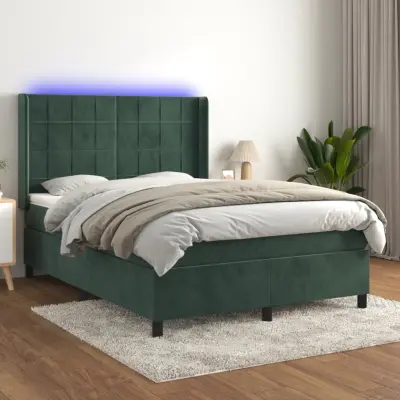 The Living Store Box spring postelja z vzmetnico LED tem. zelena 140x190cm žamet - Box Spring Postelja