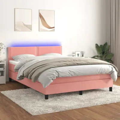 The Living Store Box spring postelja z vzmetnico LED roza 140x190 cm žamet - Box Spring Postelja