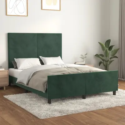 The Living Store Posteljni okvir z vzglavjem temno zelen 140x190 cm žamet - Posteljni Okvir Z Vzglavjem